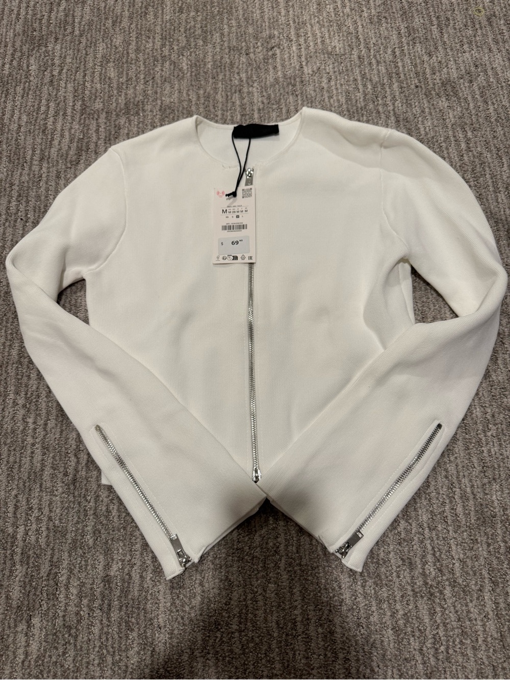 Zara White Zip-Front Women's Jacket with Silver Hardware